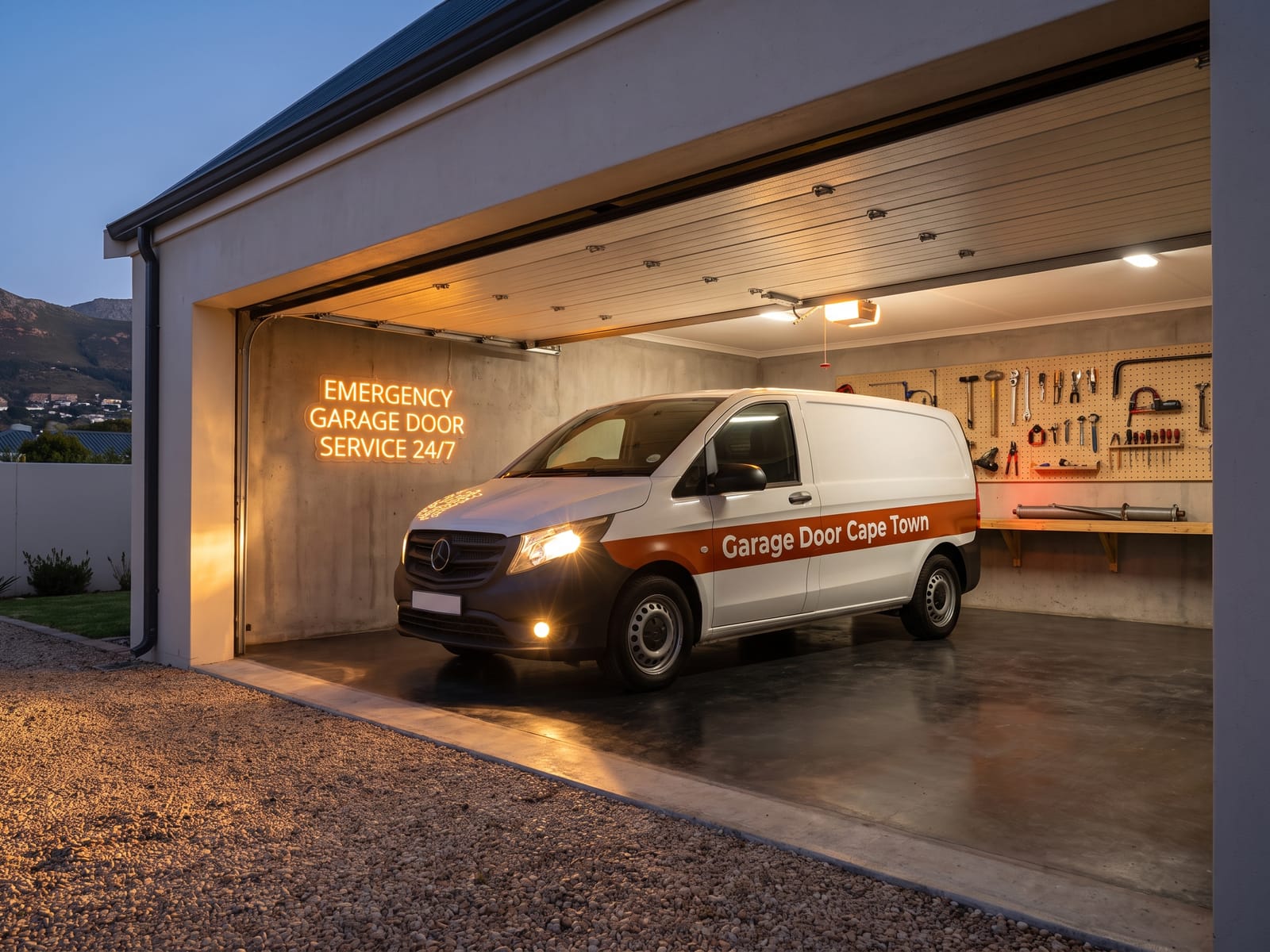Garage Door Cape Town service van inside an open garage at dusk, headlights on, under an Emergency Garage Door Service 24/7 sign